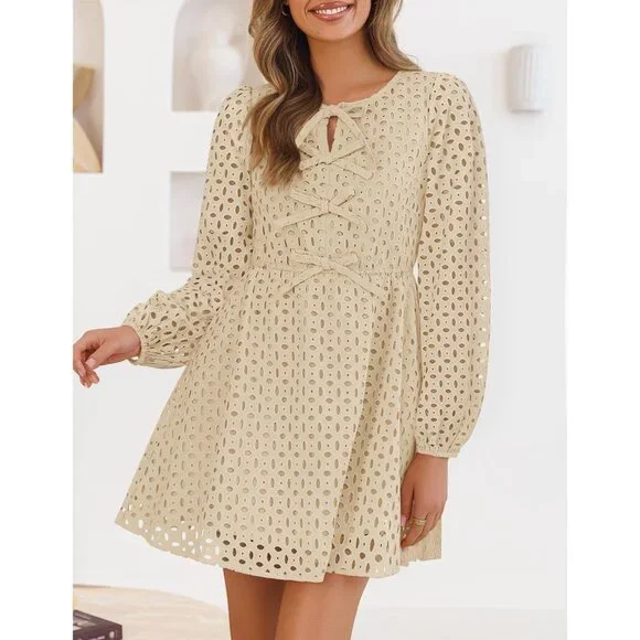 Women's Long Sleeve Mini Dress Viscose Fall Casual Tie Front Eyelet - Picture 2 of 7